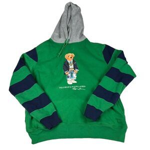 Polo Bear Ralph Lauren Hoodie Green Gray Stripe Colorblock Sweatshirt L Preppy